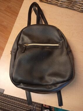 Compact Black Faux Leather Mini Backpack with Gold Zip